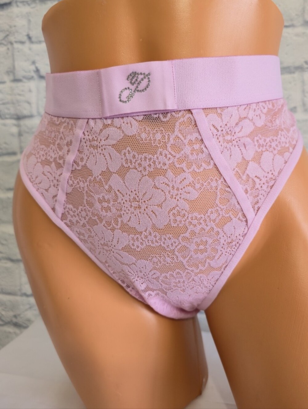 PINK Victoria's Secret Pink Floral Lace Brazilian Panty Rhinestone P Large New